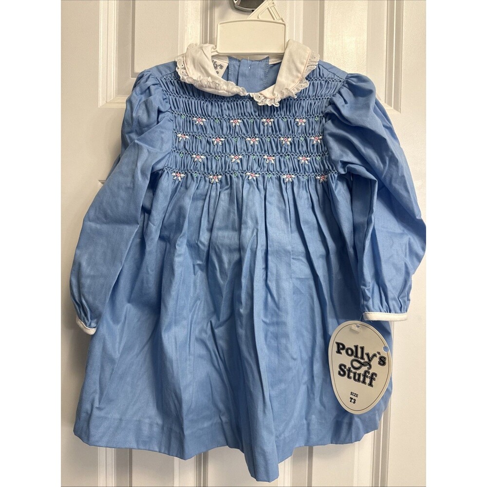 Polly Flinders Brand Blue Long-sleeve Smocked Dress Size 3T Great For Spring - Picture 2 of 5